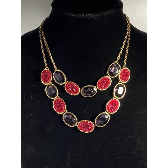 2 Layer Gold Tone Purple Acrylic & Faux Pink Druzzi Statement Necklace Oval - Picture 1 of 9
